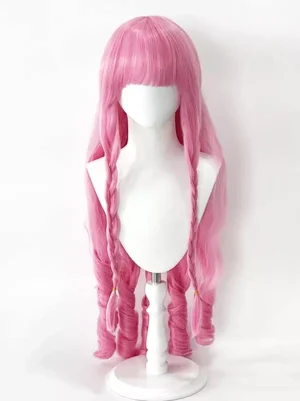 Pink long lolita wig with blunt bangs and side braids front flat view on white mannequin head heat-resistant synthetic fiber spiral curled tips