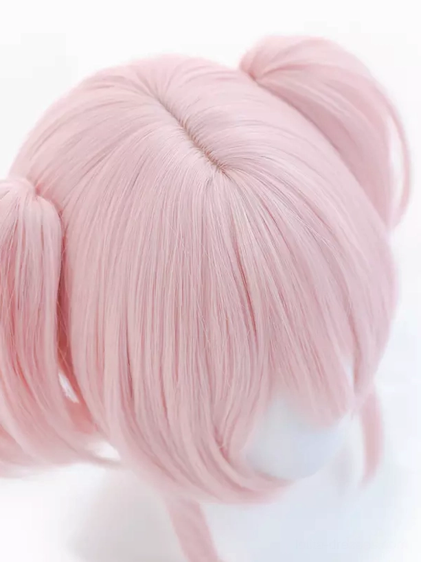 Pink heat-resistant Lolita wig crown top view showing rounded twin bun shape and central part structure