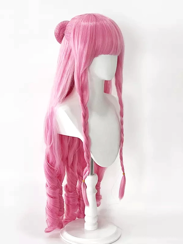 Pink long lolita wig left side view with blunt bangs side hair bun single front braid spiral curled ends on white mannequin