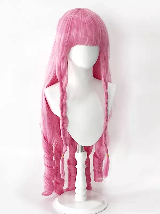 Pink long lolita cosplay wig with central twin braids and spiral curled ends front center view bright pink synthetic fiber on mannequin