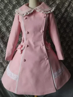 Pink lolita overcoat front view on dress form featuring delicate lace-trimmed collar and structured double-breasted button closure