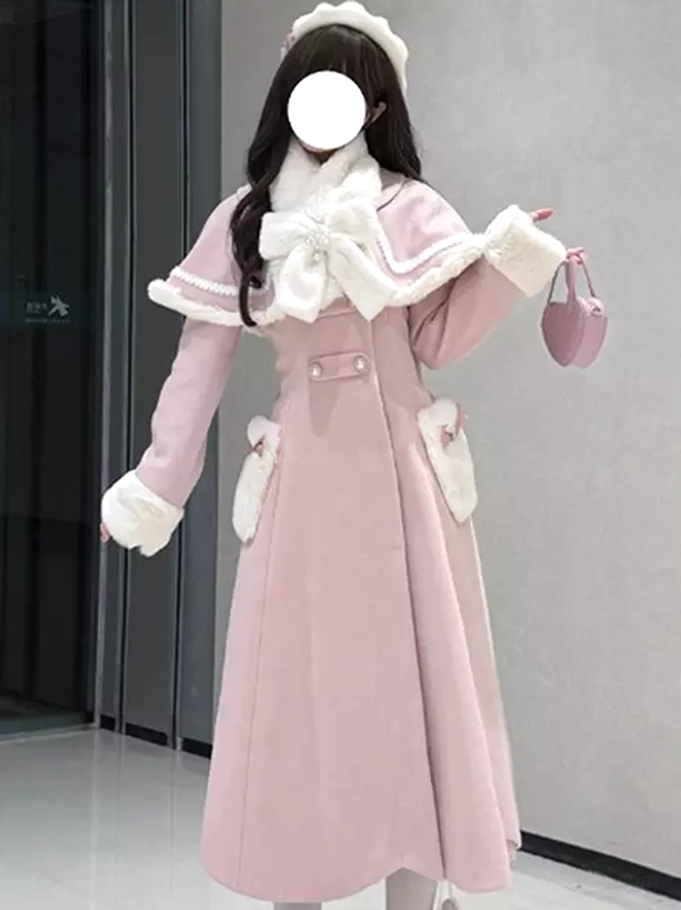 Three-quarter front view pink lolita winter overcoat displaying fur-edged cape collar and large white neck bow, elegant structured silhouette