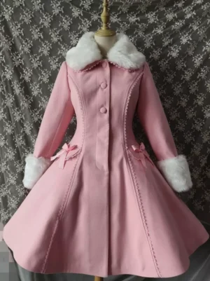 Pink sweet lolita coat with white fur trim showing front double-breasted buttons and bow-decorated side pockets with flared skirt hem