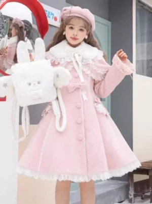 Pink lolita coat full front view on model wearing matching beret and holding plush rabbit bag, displaying white fur collar and decorative bow accents on street