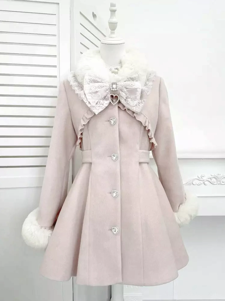 Pink Lolita wool overcoat side and back view highlighting A-line construction, heart button placement, collar bow, and overall silhouette proportions