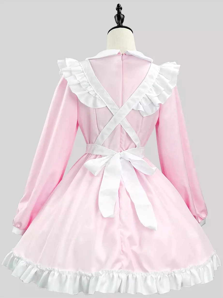 Pink maid lolita dress back view on dress form showing crossed back straps waist bow ruffled skirt