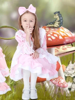 Pink maid lolita dress with puffed sleeves, ruffled lace details and large pink bow worn by child model seated in fairy tale mushroom garden aesthetic setting