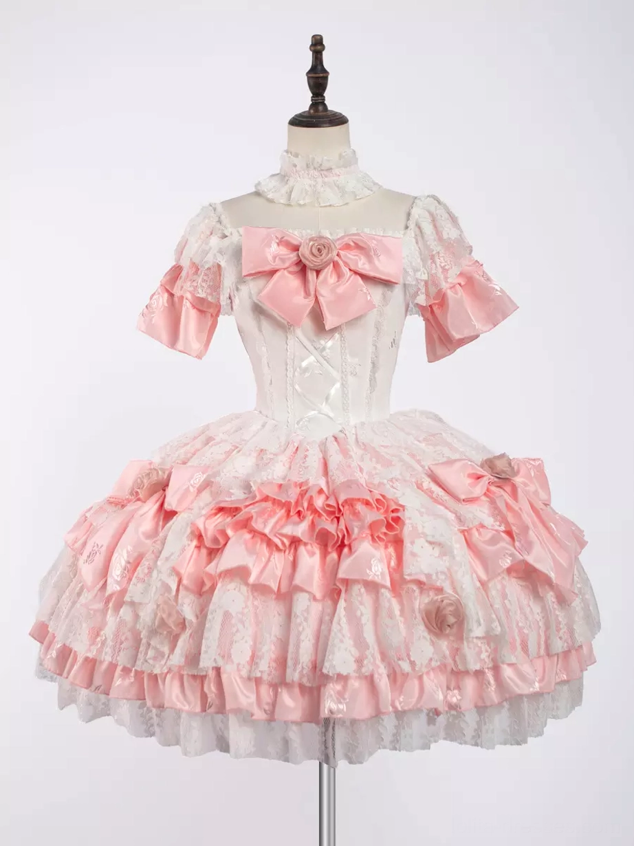 Pink off-shoulder sweet lolita dress with layered lace construction and bow embellishments detailed product showcase