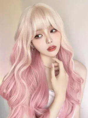 Pink ombre lolita wig long waves flat bangs front close-up portrait young woman white camisole indoor