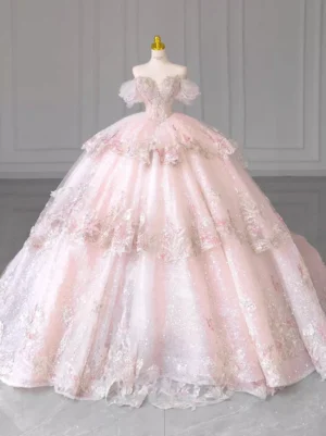 Pink pearl-studded off-shoulder sweet lolita ballgown dress full front view with layered tulle skirt and crystal-embellished bodice