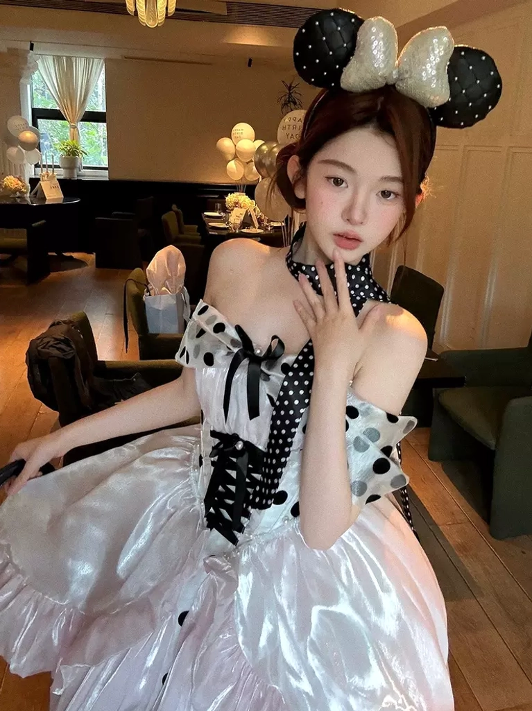 Pink polka dot ballet lolita dress high-low hemline tiered ruffles dramatic silhouette performance inspired design