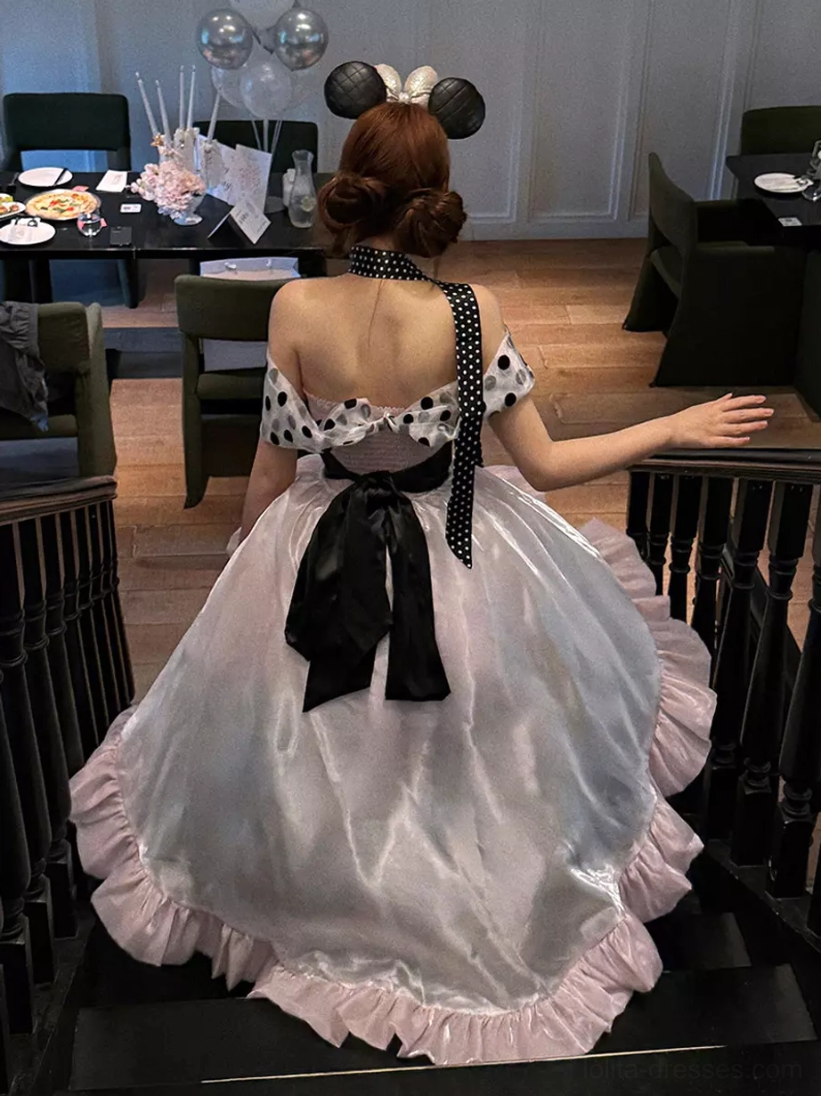 Pink polka dot sweet lolita ball gown dress with theatrical bow and romantic silhouette fairy tale inspired fashion