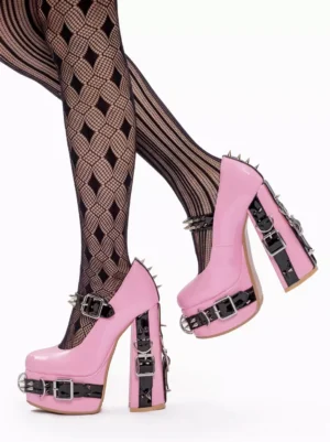 Pink punk lolita platform pumps side rear view with silver rivet details and black buckle straps