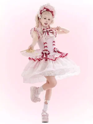 Pink Qi Lolita sweet dress dynamic front full-body shot featuring frilled collar mini tulle skirt and platform shoes with headdress
