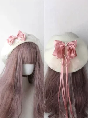 Pink satin bow lolita beret with cascading tassel and rhinestone embellishments elegant headdress