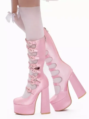 Pink satin sweet lolita platform boots with decorative buckle straps and chunky heel, side-front paired display view showcasing round toe and mid-calf shaft design