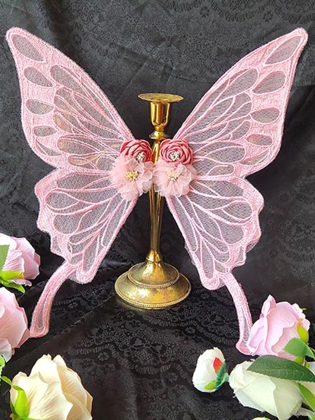 Blush pink sheer lace butterfly hair accessory with pink-white flower embellishment and light pink velvet tail bands - romantic sweet lolita headpiece