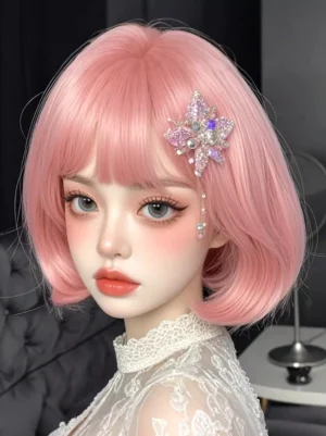 Pink short bob lolita wig with blunt bangs worn with lace top and sparkling hair accessory - front close-up portrait view showing inward-curled ends and neat bob silhouette