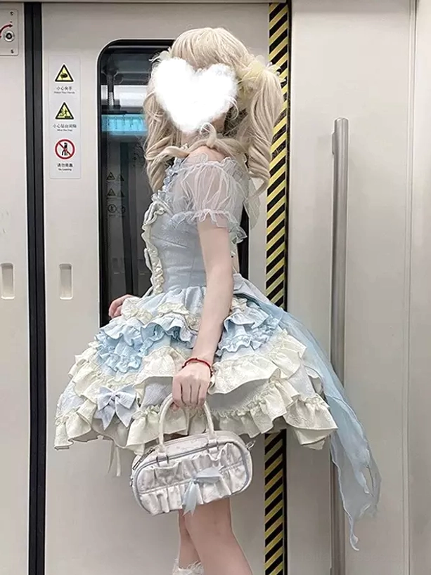 Pink sweet ballet lolita halter dress sleeveless ruffles lace-up front full dress display model