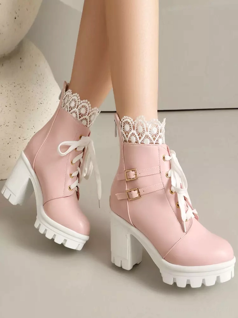 Pink Sweet Lolita ankle boots overhead oblique view showing round toe lace trim and lace-up front design details