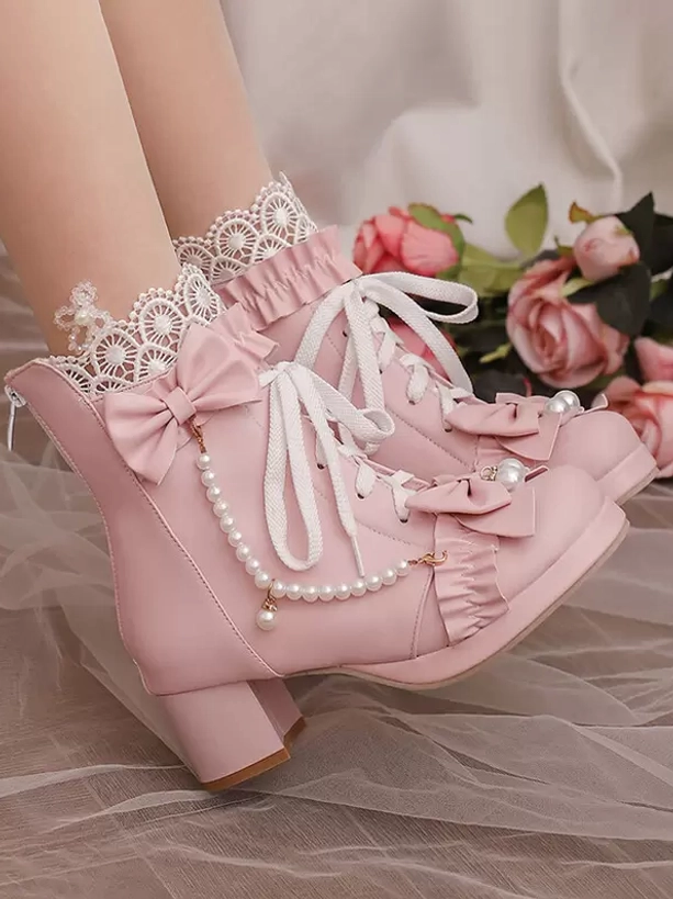Pink sweet lolita ankle boots front overhead double feet view lace-trimmed socks roses background pearl chain bow