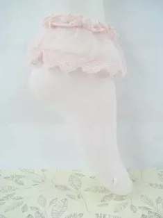 Pink sweet lolita ankle socks with scalloped ruffled lace cuff shown from front view on mannequin, displaying romantic feminine aesthetic