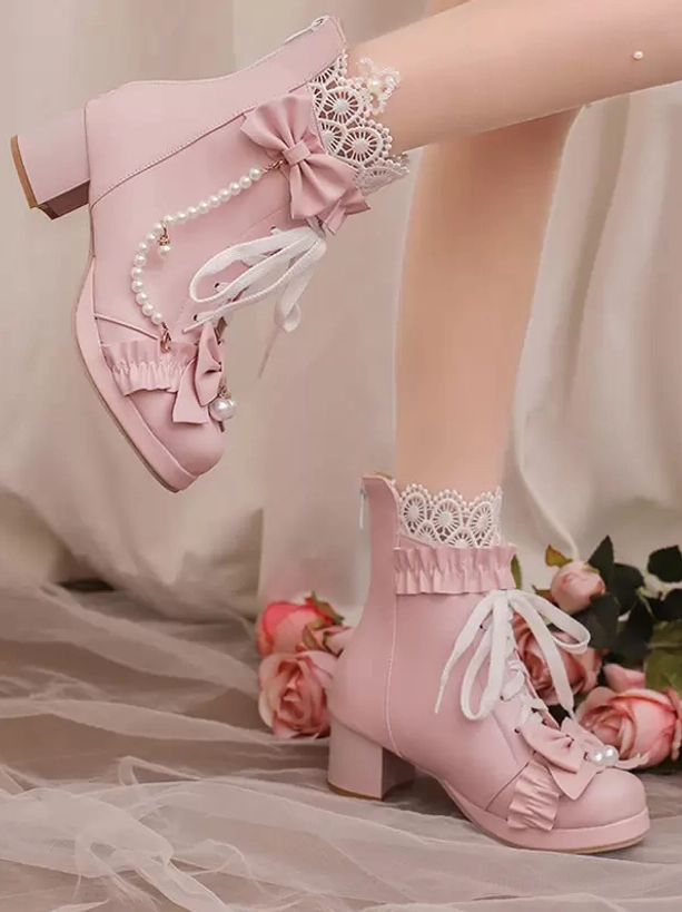 Pink sweet lolita ankle boots side rear view lace socks sheer fabric roses background bow lace collar pearl chain