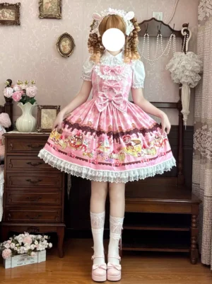 Pink sweet lolita sleeveless cat print JSK dress with bowknot full body model view with puffed sleeve blouse vintage indoor scene