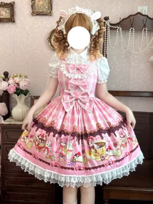 Pink sweet lolita sleeveless cat print JSK dress with bowknot worn by model with cat ear hairband half body front view vintage bedroom setting
