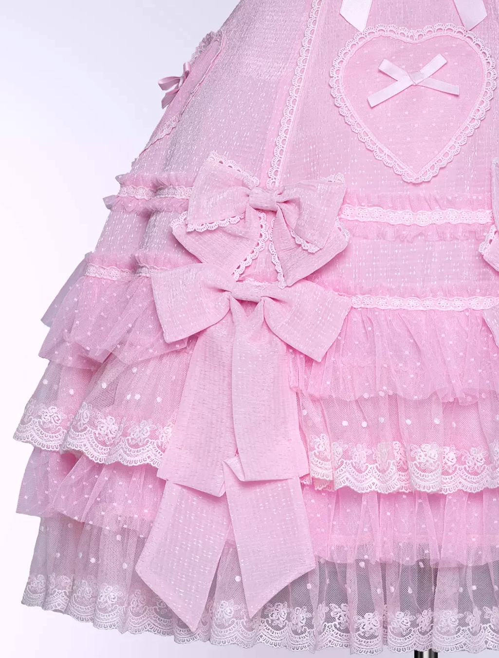 Pink sweet Lolita dress back bodice structure and ribbon bow placement detail view