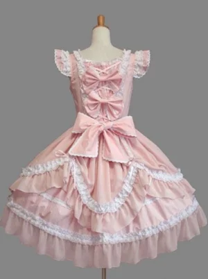 Pink Sweet Lolita dress back view showing multiple back bodice bows, large waist bow, and layered ruffled skirt with consistent lace details on dress form