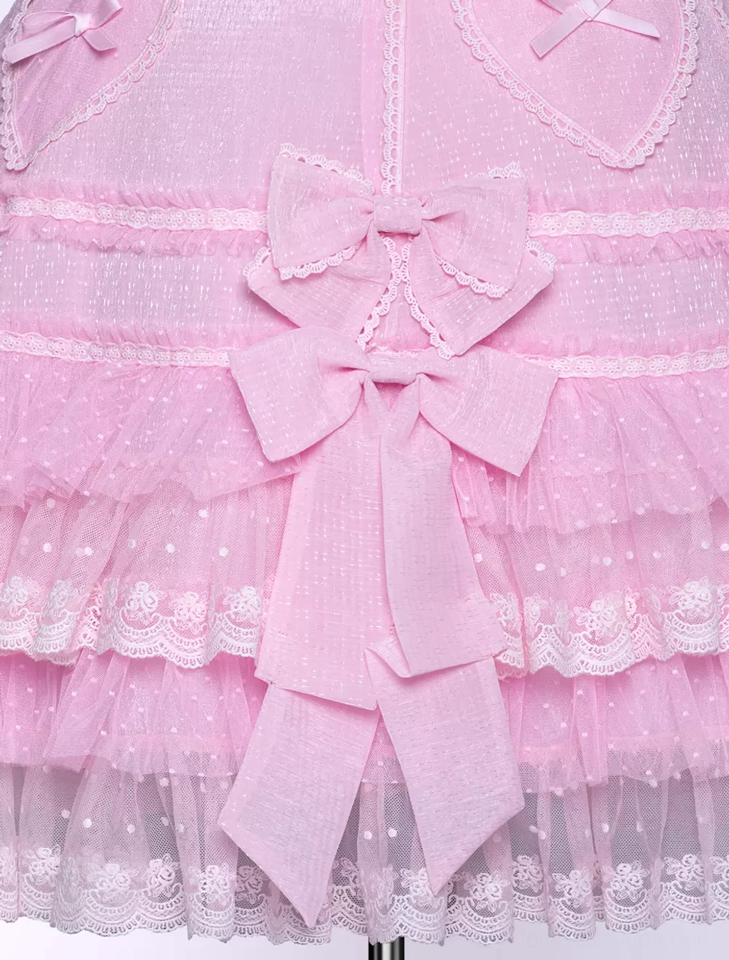 Pink sweet Lolita dress complete coordinate with matching lace gloves headpiece and elegant Mary Jane footwear