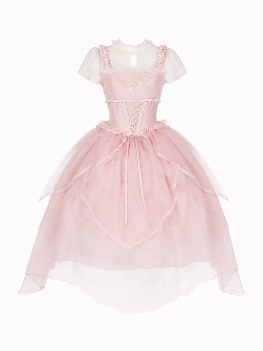Flat lay product display of pink sweet lolita dress showing corset bodice construction, layered tulle skirt volume, and stand collar with short puff sleeves
