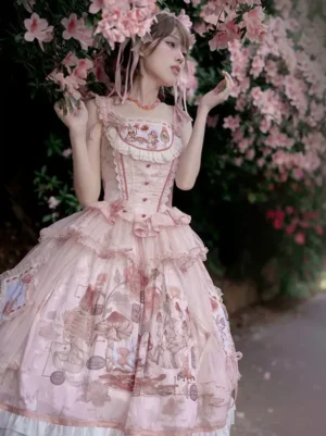 Pink sleeveless sweet lolita dress embroidered bodice layered ruffles under cherry blossom trees front view