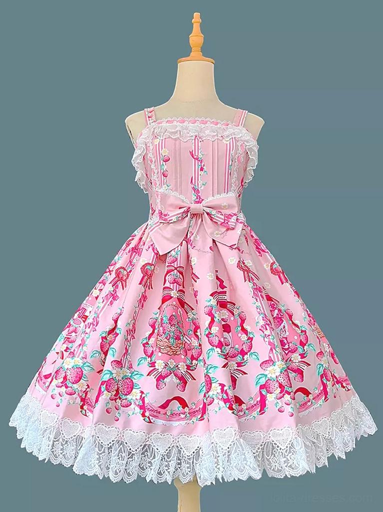 Pink sweet lolita dress sleeveless front full view on dress form with pink base, pink and strawberry floral print pattern, white lace hem trim, front waist bow, spaghetti straps