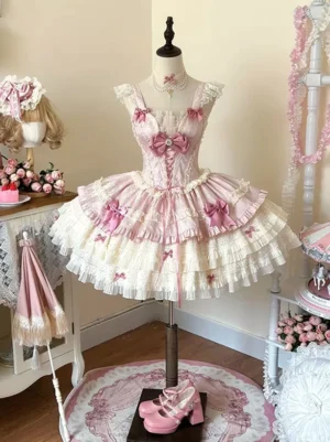 Pink sweet lolita dress full front view dual-tone tiered skirt front corset lace-up satin decorative bows matching accessories styling