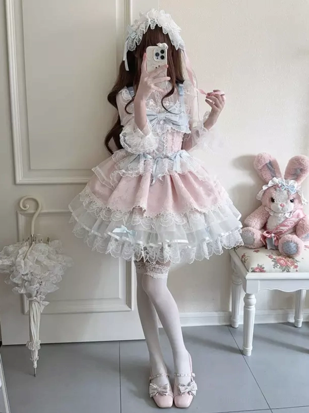 Pink sweet lolita dress full body selfie tiered lace skirt white stockings pink ballet flats bonnet