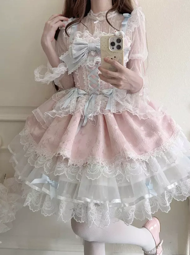 Pink sweet lolita dress front half-body selfie light blue bow sheer long sleeves tiered lace skirt