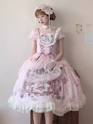 Pink sweet lolita dress front view with lace-up square neckline short ruffled sleeves dessert print skirt white tiered hem model wearing matching hair headdress