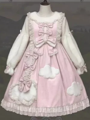 Pink lolita dress with plush sleeves multiple bows and cloud patches flat front mannequin display
