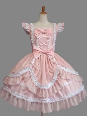 Pink Sweet Lolita one-piece dress front view with ruffled cap sleeves, white lace trims, decorative front bows and layered ruffled skirt on dress form