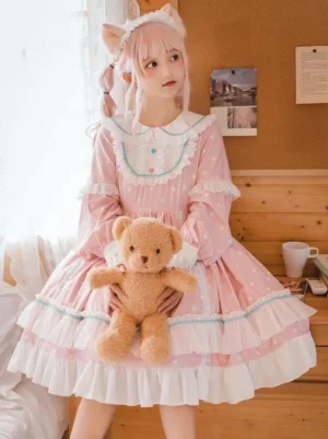 Pink sweet Lolita dress featuring layered ruffled skirt and teddy bear prop, indoor room scene