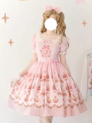 Pink Sweet Lolita dress with short sleeves and vintage floral print, full front view on model wearing pink hair bow, white gloves, pearl necklace, and lace-trimmed square neckline