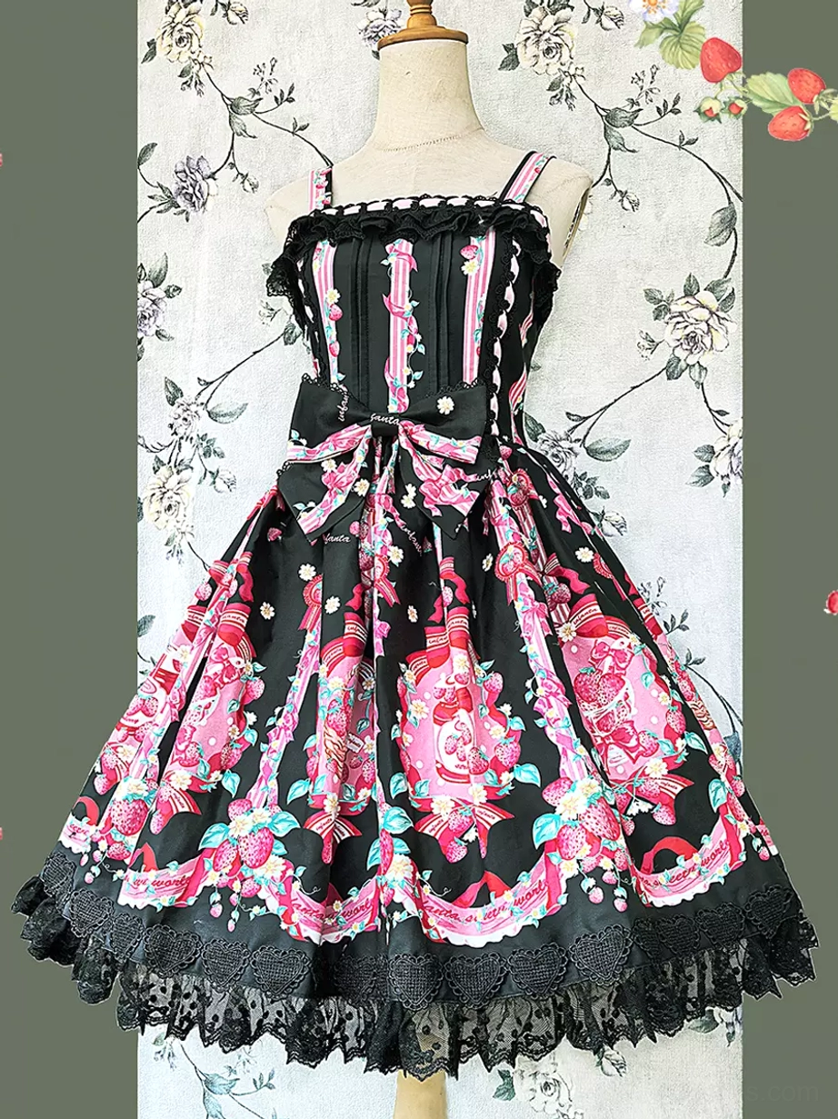 Pink sweet lolita dress front full view on dress form with square neckline, vertical stripe details, front waist bow, black lace hem, pink floral and strawberry print design
