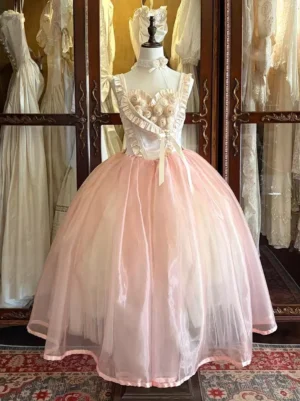 Pink sweet lolita fairy dress full front view with heart-shaped neckline, ruffled rose bodice, gradient pink tulle ball gown skirt, displayed on mannequin in vintage shop setting
