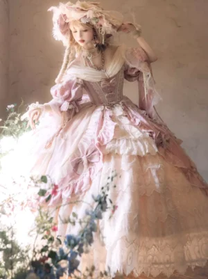Pink sweet lolita princess gown with off-shoulder ruffled sleeves, layered lace skirt, and pink bow details - three-quarter front view