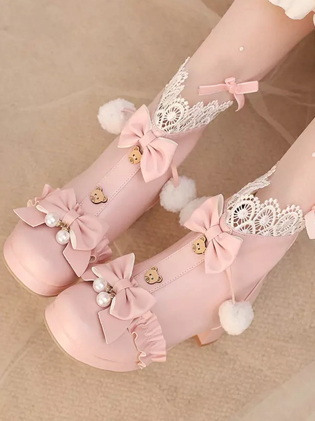 Pink Sweet Lolita heeled boots top-down double on-foot view on sheer fabric background, featuring pink PU leather with decorative bow, pearl accents and bear charm embellishments