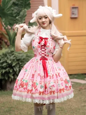 Pink sweet Lolita JSK dress with strawberry and rabbit print, front view showing red ribbon lacing, flared pink skirt with lace trim, and coordinated white inner blouse