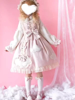 Pink sweet lolita long sleeve dress with cloud appliques and bows on model full body front view