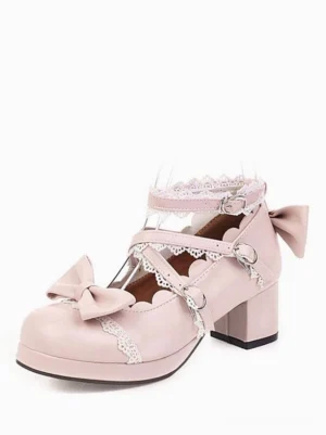 Pink Sweet Lolita Mary Jane block heel shoes with front bow and ruffled lace trim on white background, featuring round toe and ankle strap design
